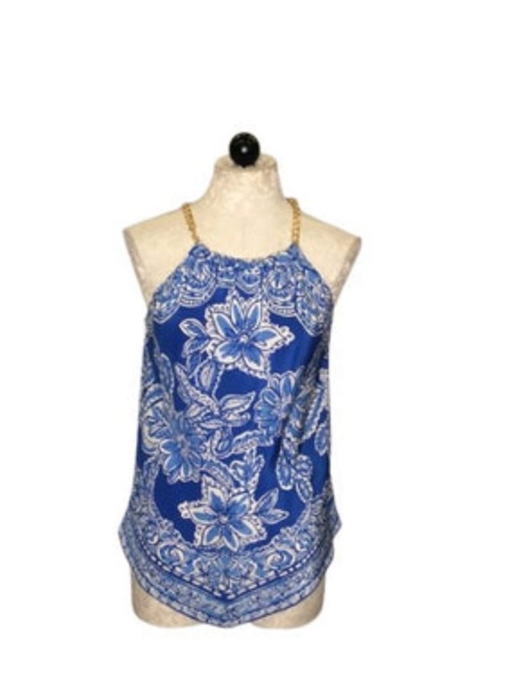 Lilly Pulitzer Bowen Blue Floral Halter Silk Tank Top with Gold Chain Straps, S